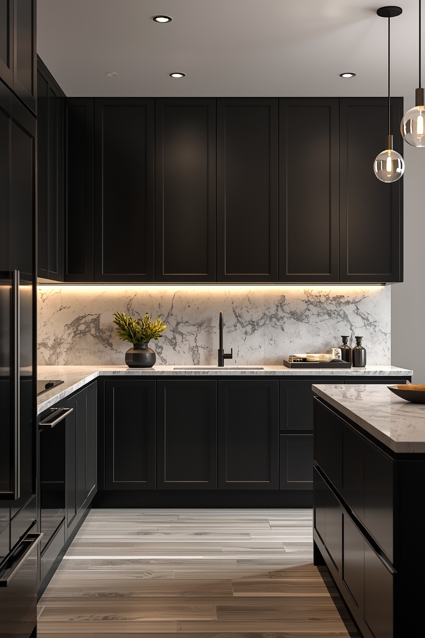 Black cabinet kitchen with marble backsplash