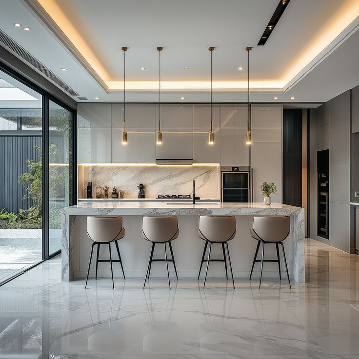 Modern kitchen remodel — marble waterfall island