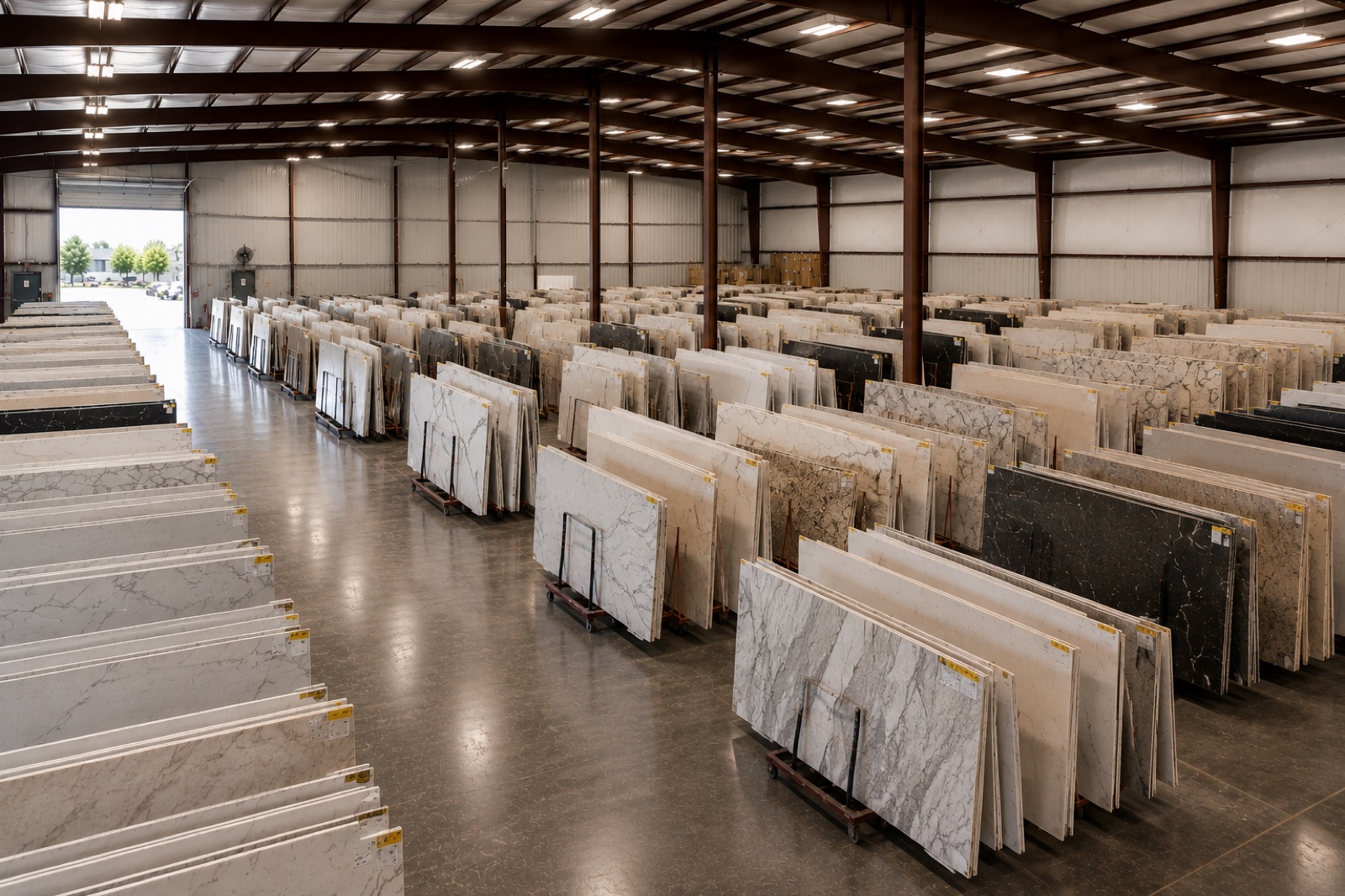 Our stone slab warehouse — hundreds of slabs in stock
